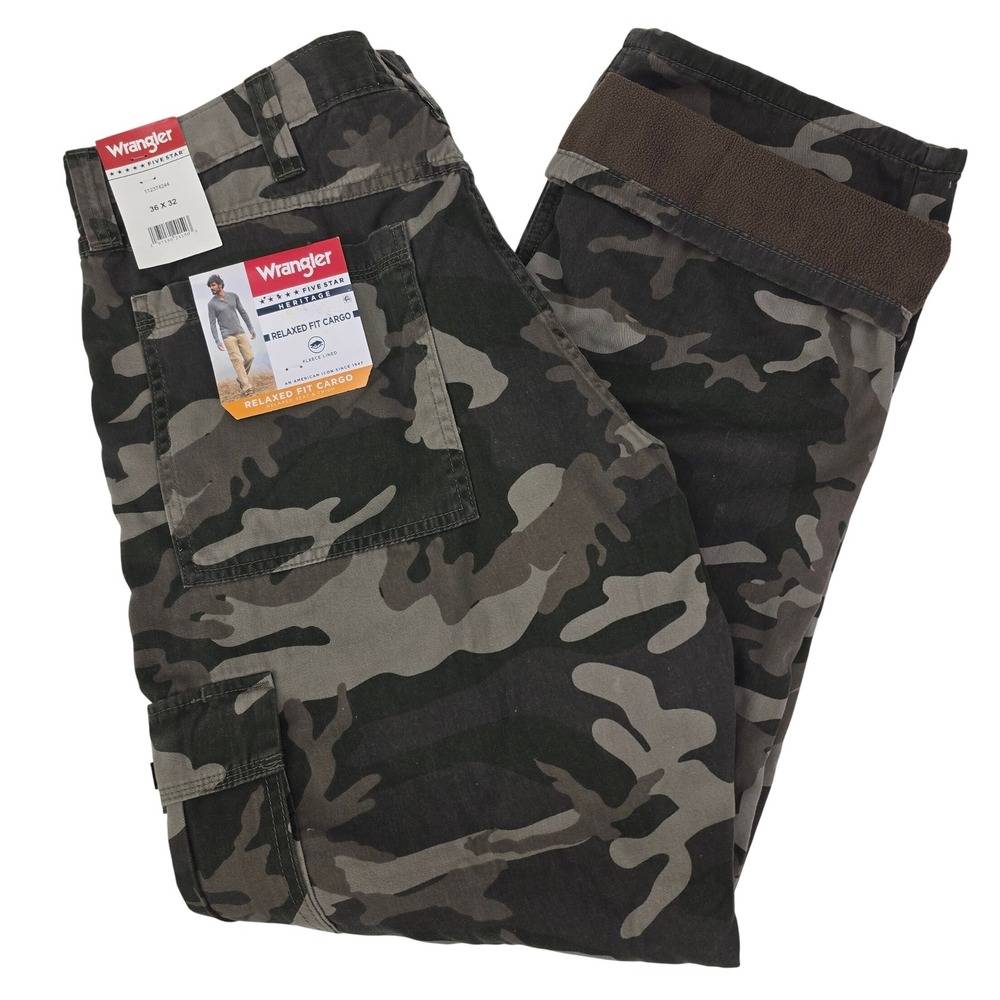 Wrangler Five Star Heritage Cargo Pants Mens 36x32 Camo Fleece Lined Relaxed Fit